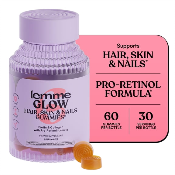 Lemme Glow Hair, Skin & Nails Gummies, Peach Flavor, 60 Count