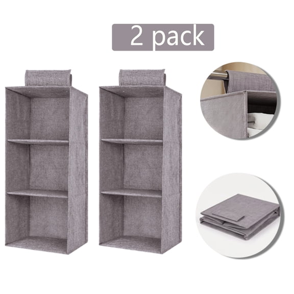 2 Pack 3-Shelf Hanging Closet Organizer, Collapsible Storage Shelves for Clothes, Accessories, Shoes, and Linens, Gray