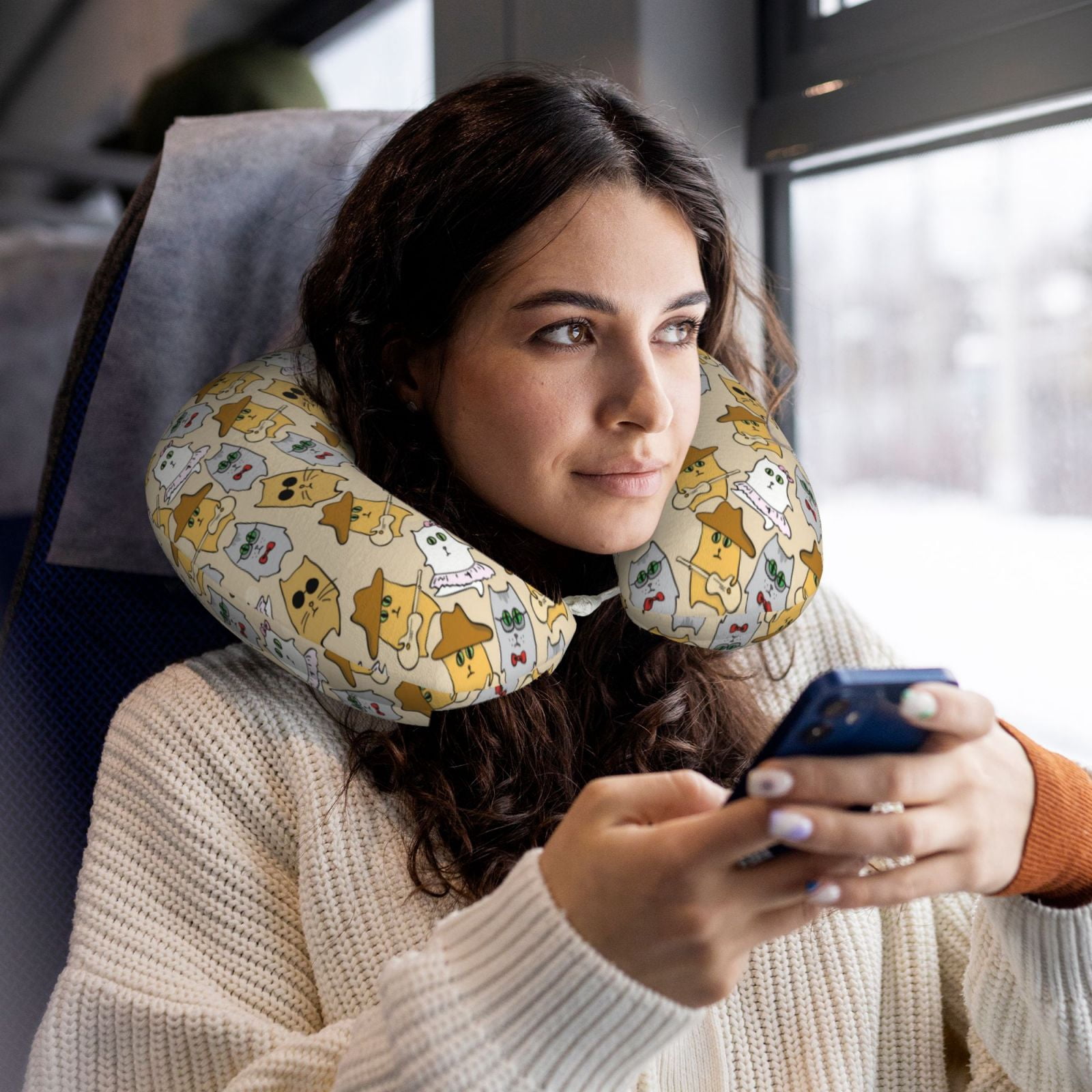 Xecao Music Dancing Cat Print Memory Foam Cervical Neck Pillow Versatile U-Shaped Pillows for Home,Office,Camping,Travelling,Soft Washable Cover