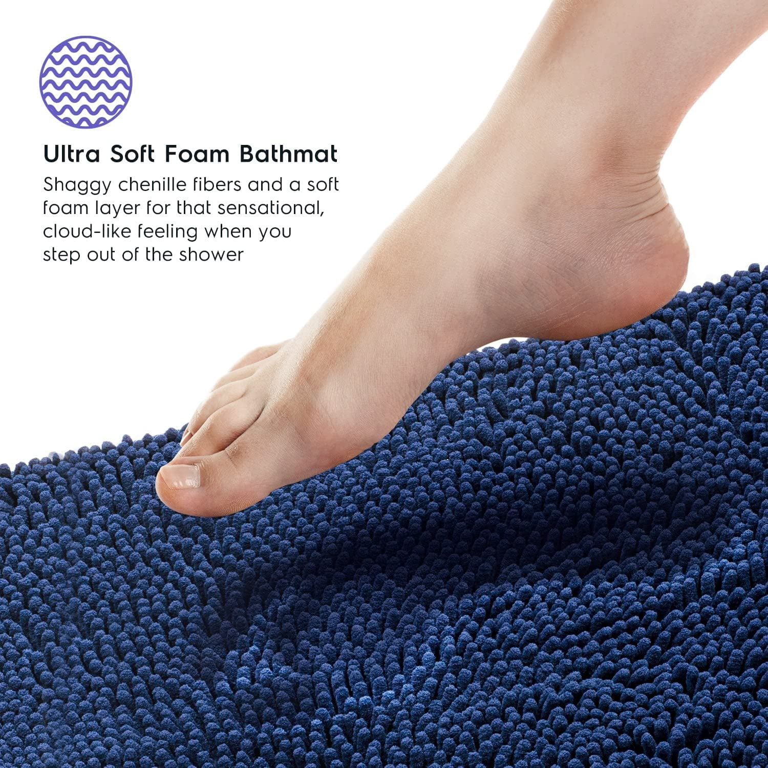 Bathroom Rugs, Extra-Thick Memory Foam Bath Mat, Ultra-Soft Chenille Microfiber, Highly Absorbent, Machine Washable, Shaggy Bath Mats for Bathroom, Circular Cutout (21x32 + 20x22, 2pcs) Navy
