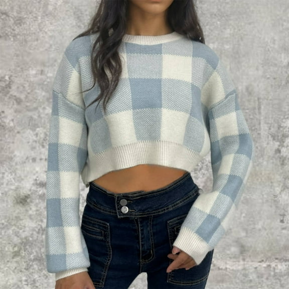 PiGOGI Women's Plaid Cropped Knit Sweater High Waist Long Sleeve Casual Fall Winter Fashion Tops Soft Comfortable Sky Blue XL
