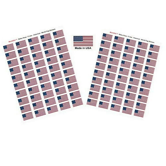 Made in USA! 100 Betsy Ross 1.5" x 1" Self Adhesive Flag Stickers, Two Sheets of 50, 100 Betsy Ross Sticker Flags Total
