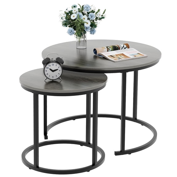 Open Box Nesting Coffee Table Set of 2, Modern Round Side Table End Tables for Living Room Bedroom Balcony,Grey Wooden Stacking Accent Coffee Tables with Metal Frame