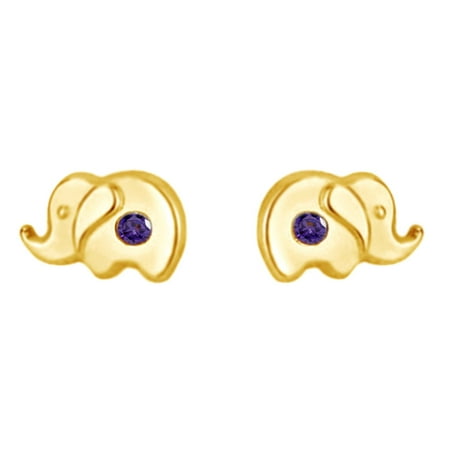 Amethyst Elephant - Round Shape Simulated Violet Amethyst Little Girls Elephant Stud Earrings 14K Yellow Gold Over Sterling Silver