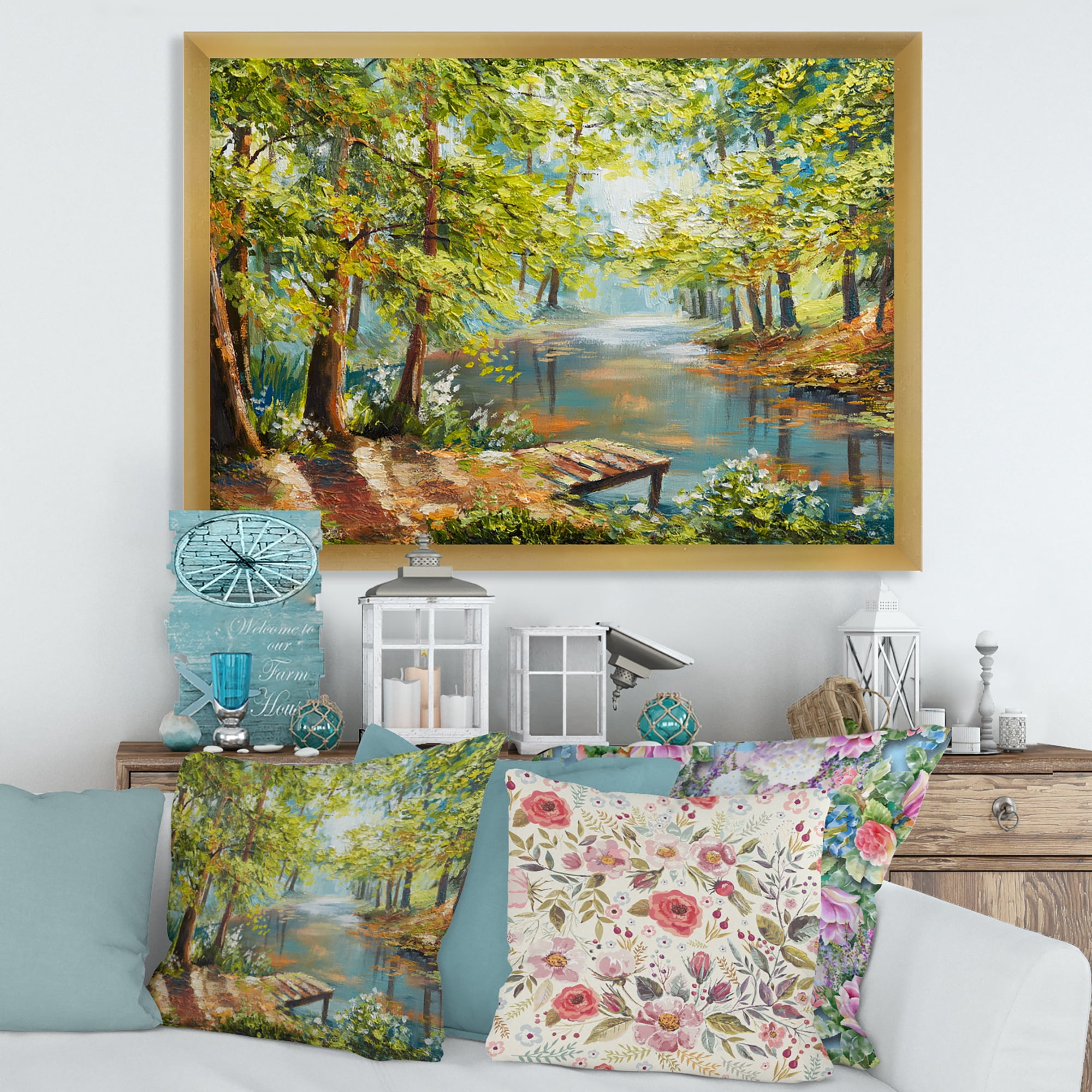Meandering River With Autumn Forest 40 in x 30 in Framed Painting Canvas Art Print, by Designart