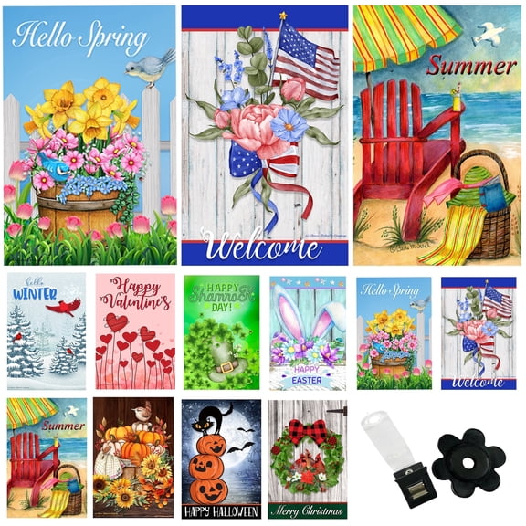 Country Charm Garden Flags (Set of 10) Double Sided 12 x 18 inch Seasonal Outdoor Flags with Wind Clip and Stopper