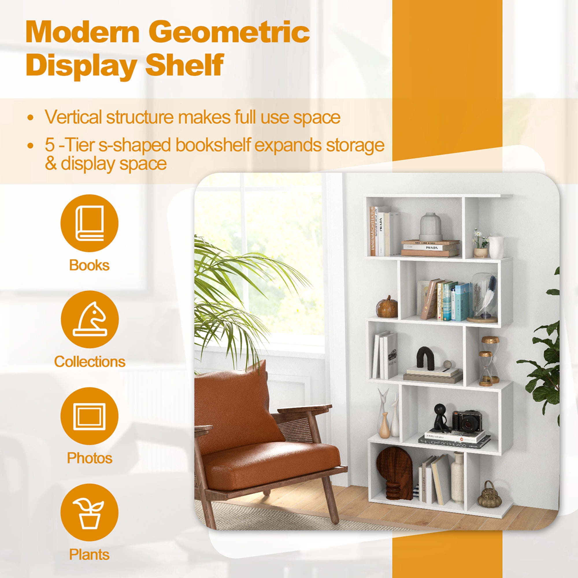 Costway 1 PC 5-Tier Bookshelf Geometric S-Shaped Bookcase Room Divider Storage Display Shelf White