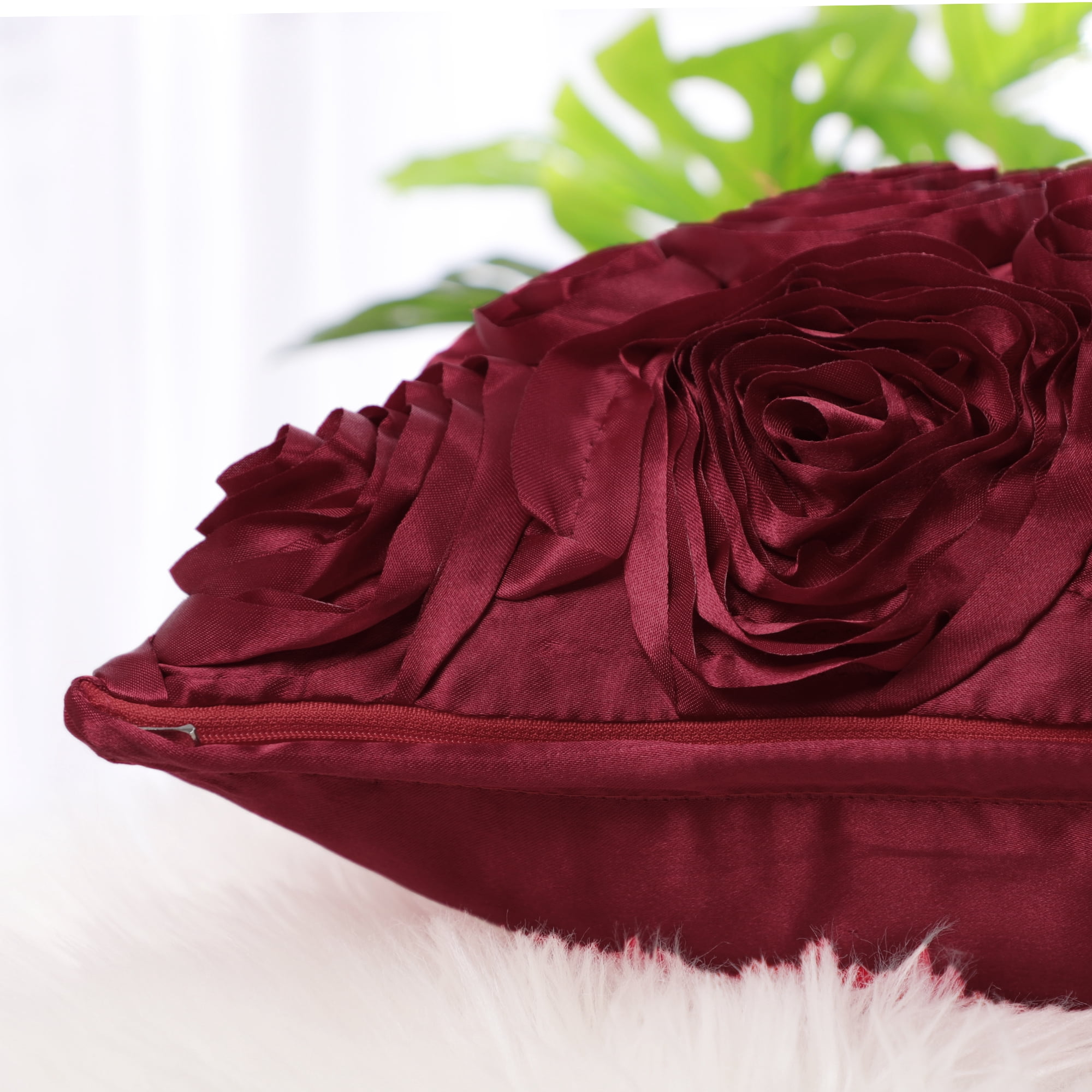 PiccoCasa Decorative Throw Pillow Covers 3D Satin Rose Flower Shells Cushion Covers, 2Pcs, 16"x16" Red Burgundy
