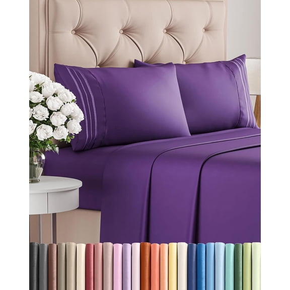 King Size 4 Piece Sheet Set in Purple with Deep Pockets