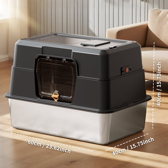 Flip-Top Enclosed Cat Litter Box, 120° Wide Angle Lid Stainless Steel Litter Tray with Litter Scoop and Double-Layer Mat, Odor Control Splash Proof Dog-Proof Large Cat Toilet