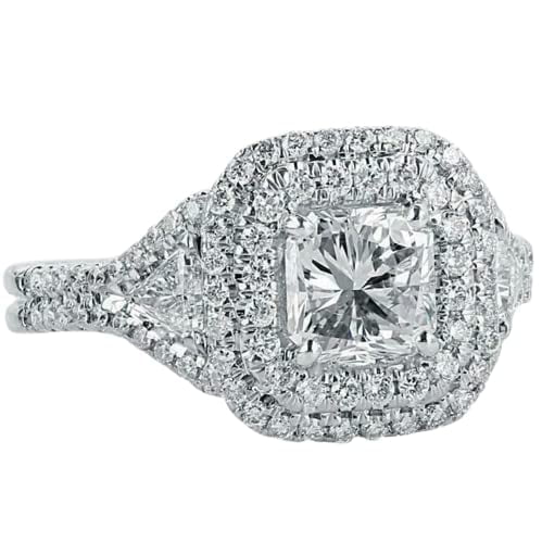 HeartsAndYou 2.5ct Cushion Cut Moissanite Engagement Ring for Women Dual Halo Iced 18k White Gold over Silver