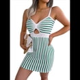 thumbnail image 2 of Vestido Mini Ajustado Informal de Punto con Tirantes, Cintura Alta y Rayas Contrastantes para Mujer. Verde M, 2 of 10