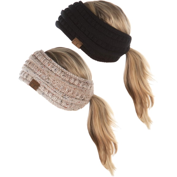 Funky Junque Women’s Ponytail Headband – Soft Knit Winter Ear Warmer, Cable Knit Fleece-Lined Head Wrap for Cold Weather - 2 Pack - Black & Variegated Confetti Oatmeal