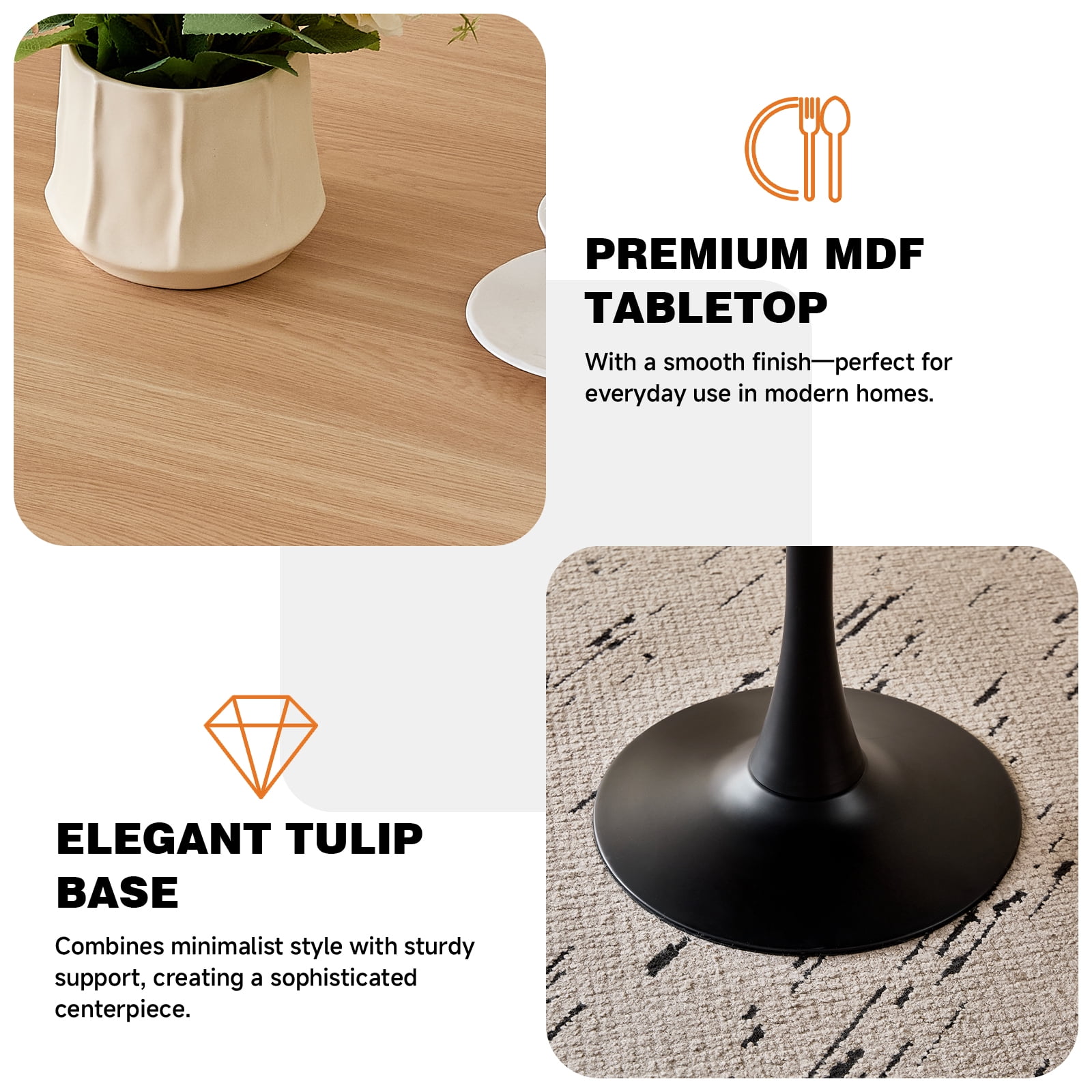 31.5" Round Dining Table for 2-4 Modern Circle Tulip Table with Metal Black Tulip Pedestal Base for Kitchen Dining Living Room Apartment Small Space Cafe, Natural