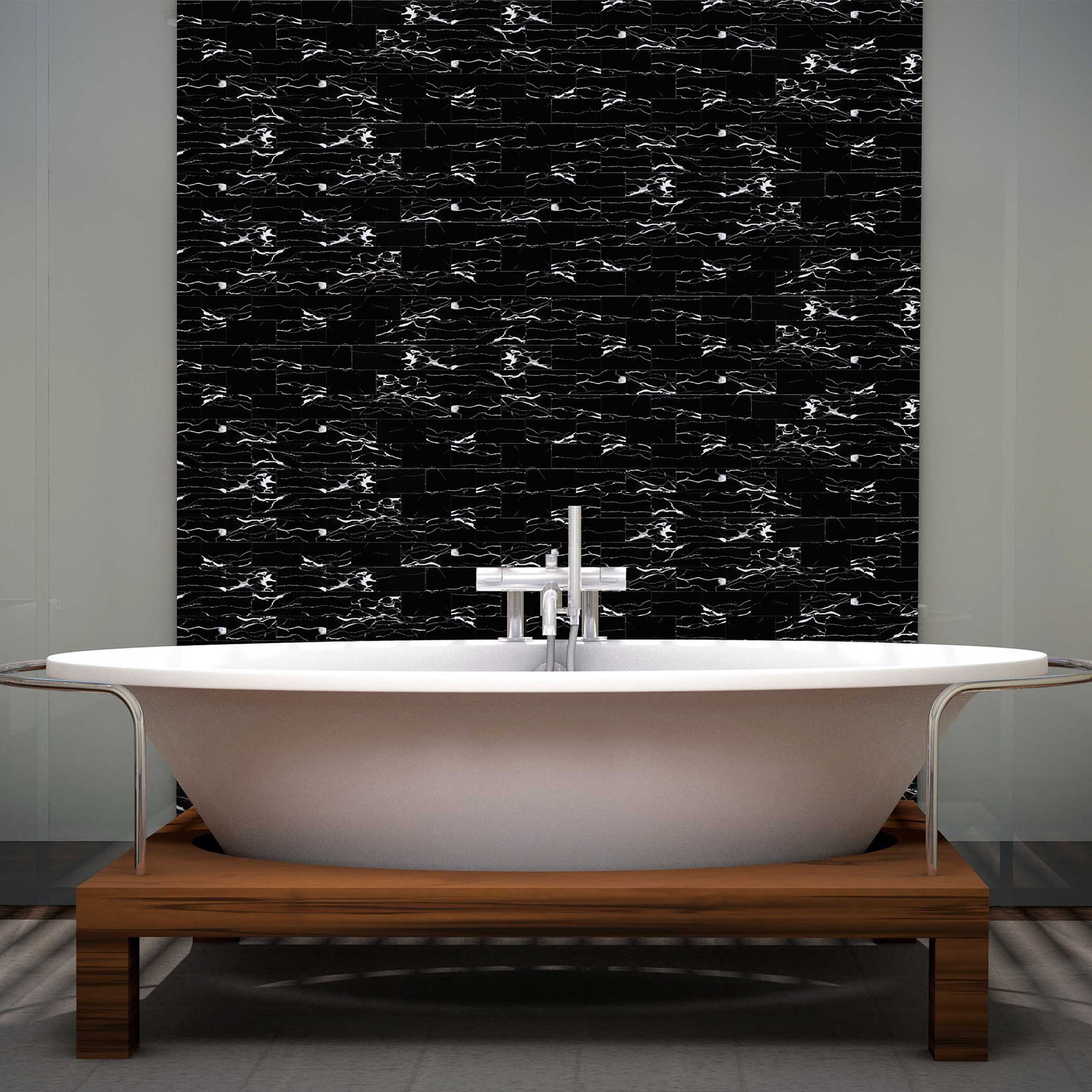Black Peel and Stick Backsplash Tiles, 12" x 12" Faux Marble Stone Stick on Subway Tile for Kitchen Bathroom  (6 Sheets)