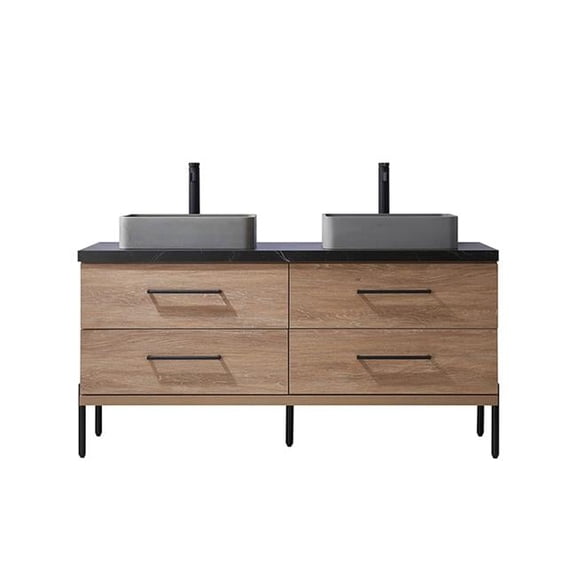 60 in. Trento Double Sink Bathroom Vanity, North American Oak with Black Sintered Stone Top with Concrete Sink