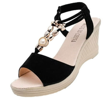 

Holiday Savings Deals! Kukoosong Sandals Women Fashion Wedges String Bead Casual Roman Sandals Shoes Wedge Sandals for Women Black 39