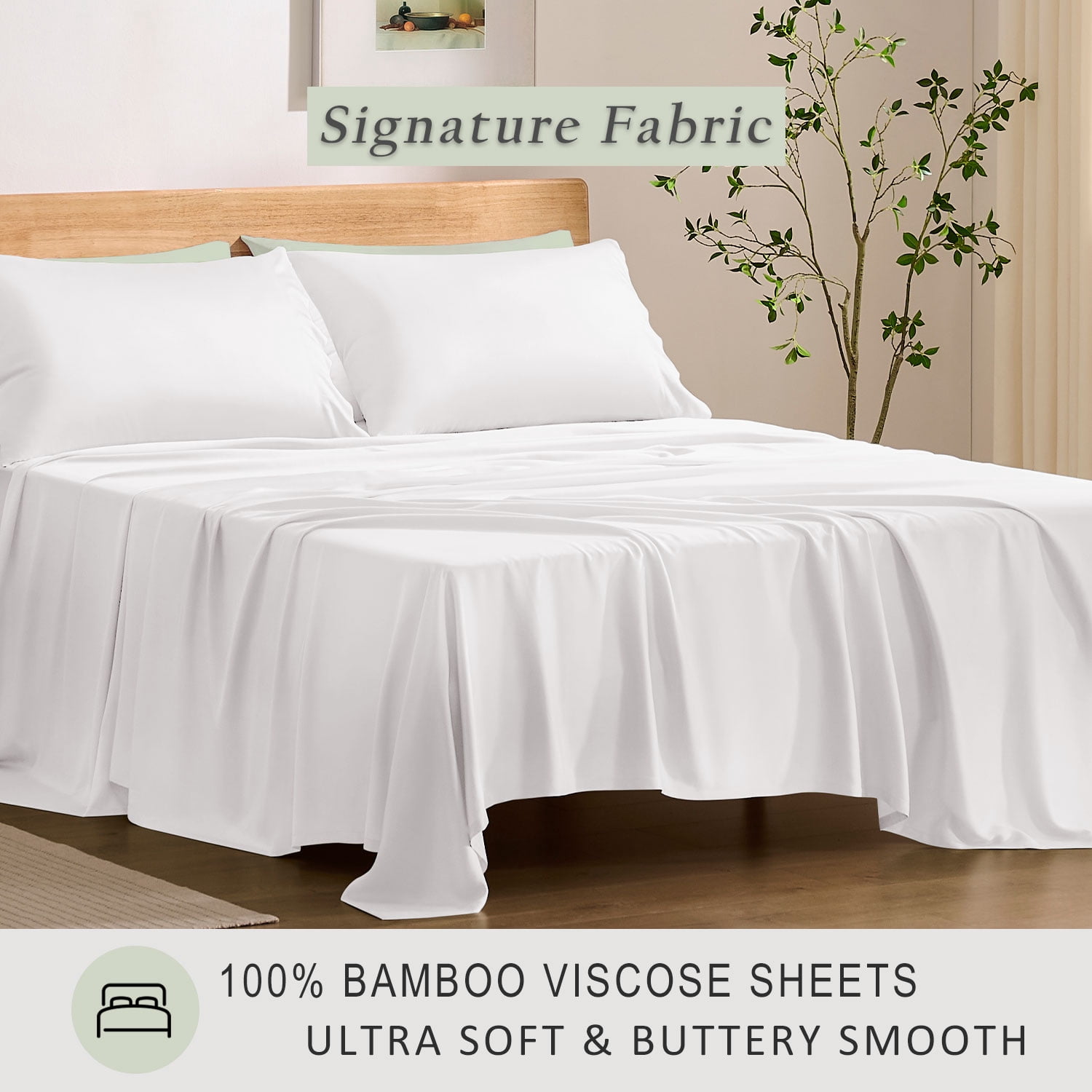 TOSMO Luxury Sheet Set 4 Piece Queen Size - 100% Viscose Derived from Bamboo - 18” Extra Deep Pockets, Oeko-Tex Certified, Silky Soft, Cooling and Breathable