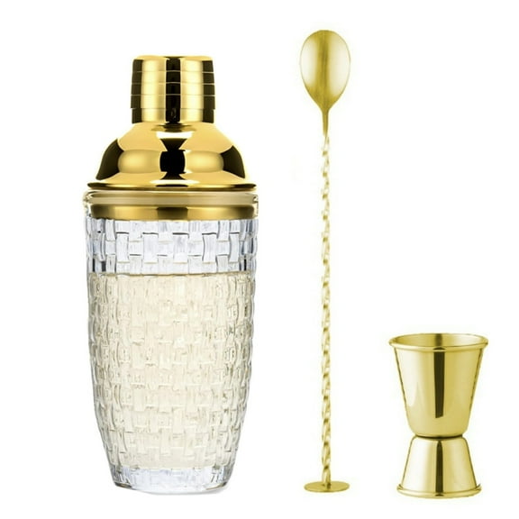 3 Pcs Cocktail Shaker Set, Dingrich 13.5oz Glass Cocktail Shaker, Martini Shaker with Stainless Steel Lid & Strainer, Measuring Jigger & Mixing Spoon for Beginners (Gold)