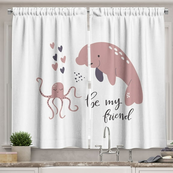 Ambesonne Octopus Kitchen Curtains, Sea Animals and Hearts Art, 55"x39", Dried Rose Dark Indigo