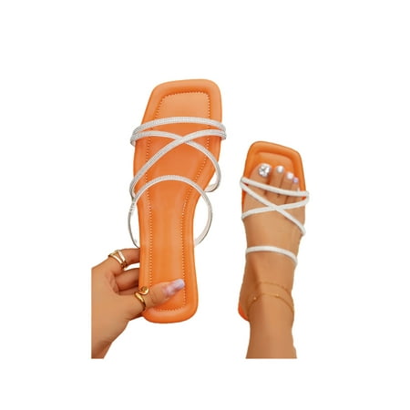 

Rockomi Ladies Slides Strappy Flat Sandals Rhinestone Slide Sandal Womens Anti Skid Square Open Toe Flats Fashion Slip On Casual Shoes Orange 9