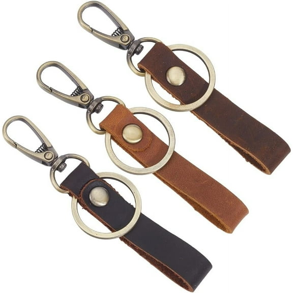 3 Colors Brown Cowhide Leather Keychain Bulk Genuine Leather Valet Key Chain Universal Fob Belt Strap Holders Lanyard Key Keyring with Gold Alloy Ring Clasp for Car Keys Chains Men Women Colorful
