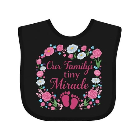 

Inktastic Our Family s Tiny Miracle with Flowers and Baby Footprints Gift Baby Boy or Baby Girl Bib