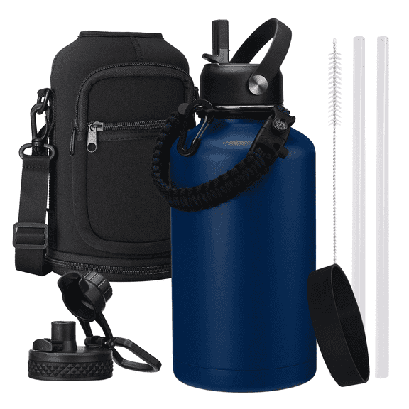 64 oz Insulated Water Bottle, Paracord Handle, Carrier Bag, Half Gallon Jug Keep Cold 48H, Wide Mouth Stainless Steel Flask for Women Fitness Sports