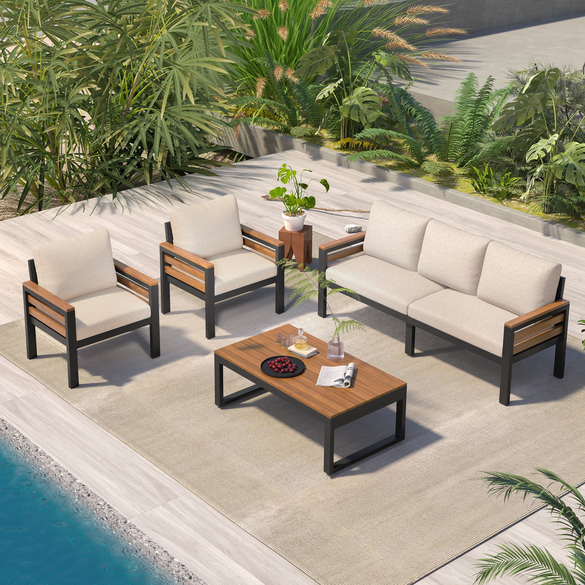 Leumius 4 Pieces Patio Furniture Set,Outdoor Patio Conversation Set with Removable Cushion and Solid Wood Coffee Table for Poolside, Backyard,Garden,Beige