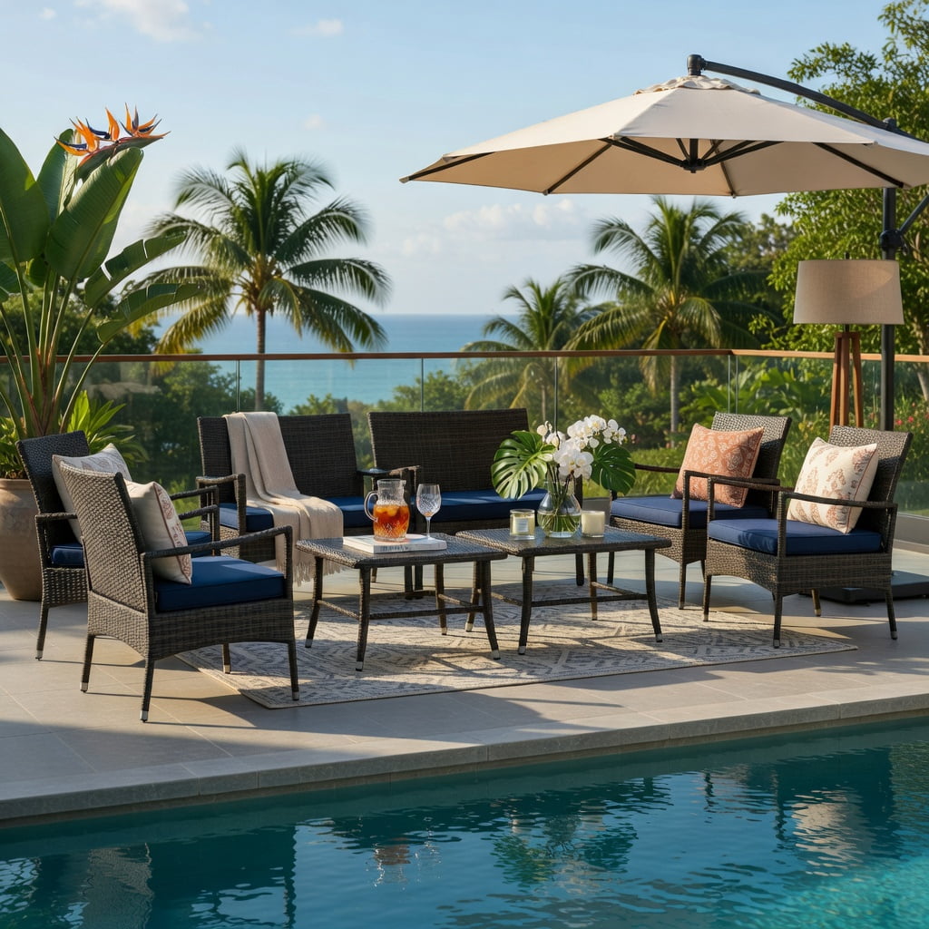 Hommoo 4-Piece Outdoor Wicker Conversation Set with Tempered Glass Coffee Table, Heavy-Duty Metal Frame, Weather-Resistant PE Rattan, Washable Cushions, Navy