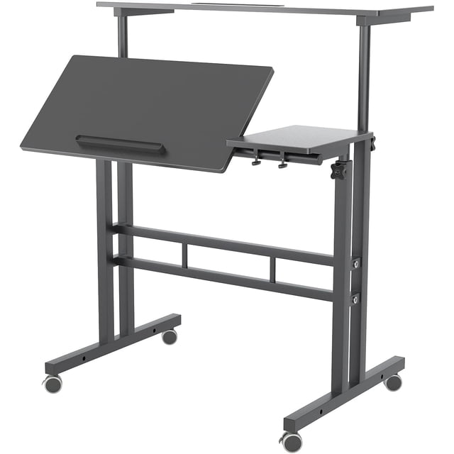 Petit Bureau Debout Mobile avec Roues, Chariots Portatifs Roulants pour Ordinateur Portable avec Porte-Gobelet, Hauteur Réglable, Table d'Ordinateur pour Se Tenir Debout Ou Assis, Chêne