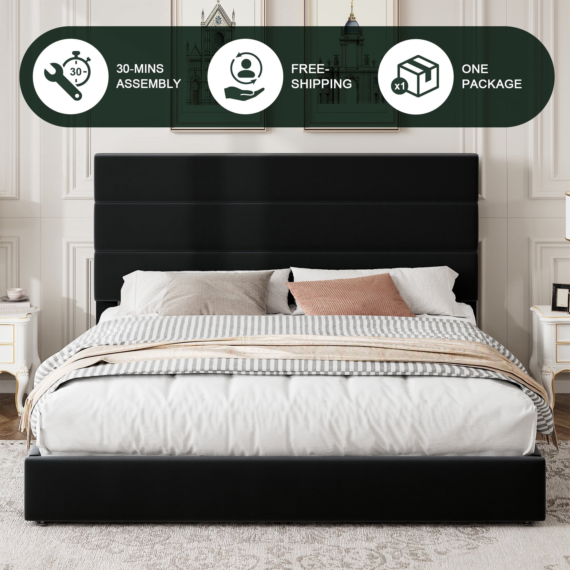 Amolife Queen Size Storage Platform Bed Frame with 4 Drawers & Upholstered Velvet Slat Headboard, Black