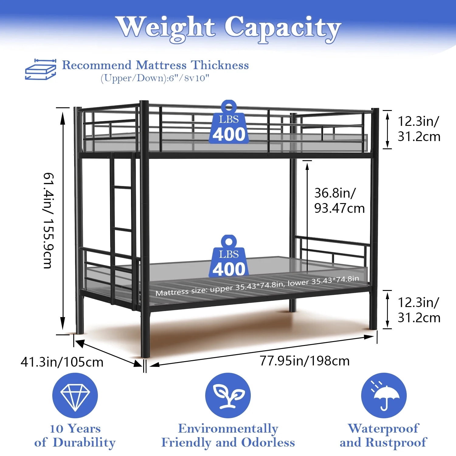 Alvantor Twin over Twin Bunk Beds for Kids Teens, Convertible 2 Beds, Easy Assembly, Load-Bearing 350lb Black