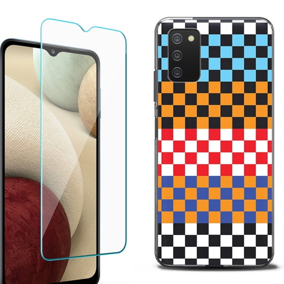 Slim-Fit Protective Fashion Phone Case (Black) for Samsung Galaxy A03s, with Tempered Glass Screen Protector, by OneToughShield ® - Colorful Checker