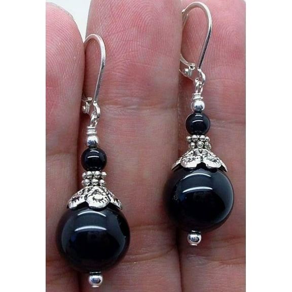 K-KED Pretty! Natural 12mm Black Onyx Agate Round Gemstone Silver Leverback Earrings