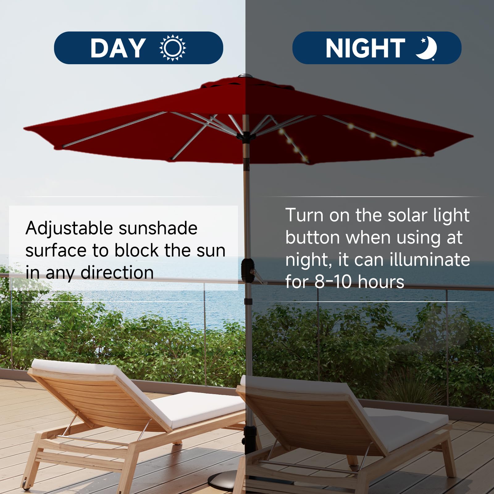 UPHYB 10FT 40 Solar Lighted Patio Umbrella, Fade-Resistant Outdoor Market Table Umbrella with Push Button Tilt Function, 8 Sturdy All-Aluminum Ribs for Gardens, Decks, Backyards & Pools (Burgundy)