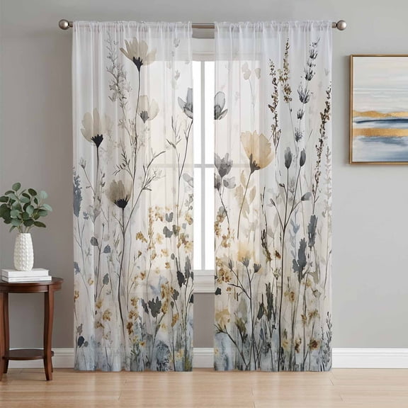 Watercolor Floral Sheer Curtains 72 Inch Length 2 Panels Set, Spring Blooms Botanical Voile Window Treatment Rod Pocket Curtains Sheers Drapes for Bedroom/Living Room/Kitchen 52"x72"x2