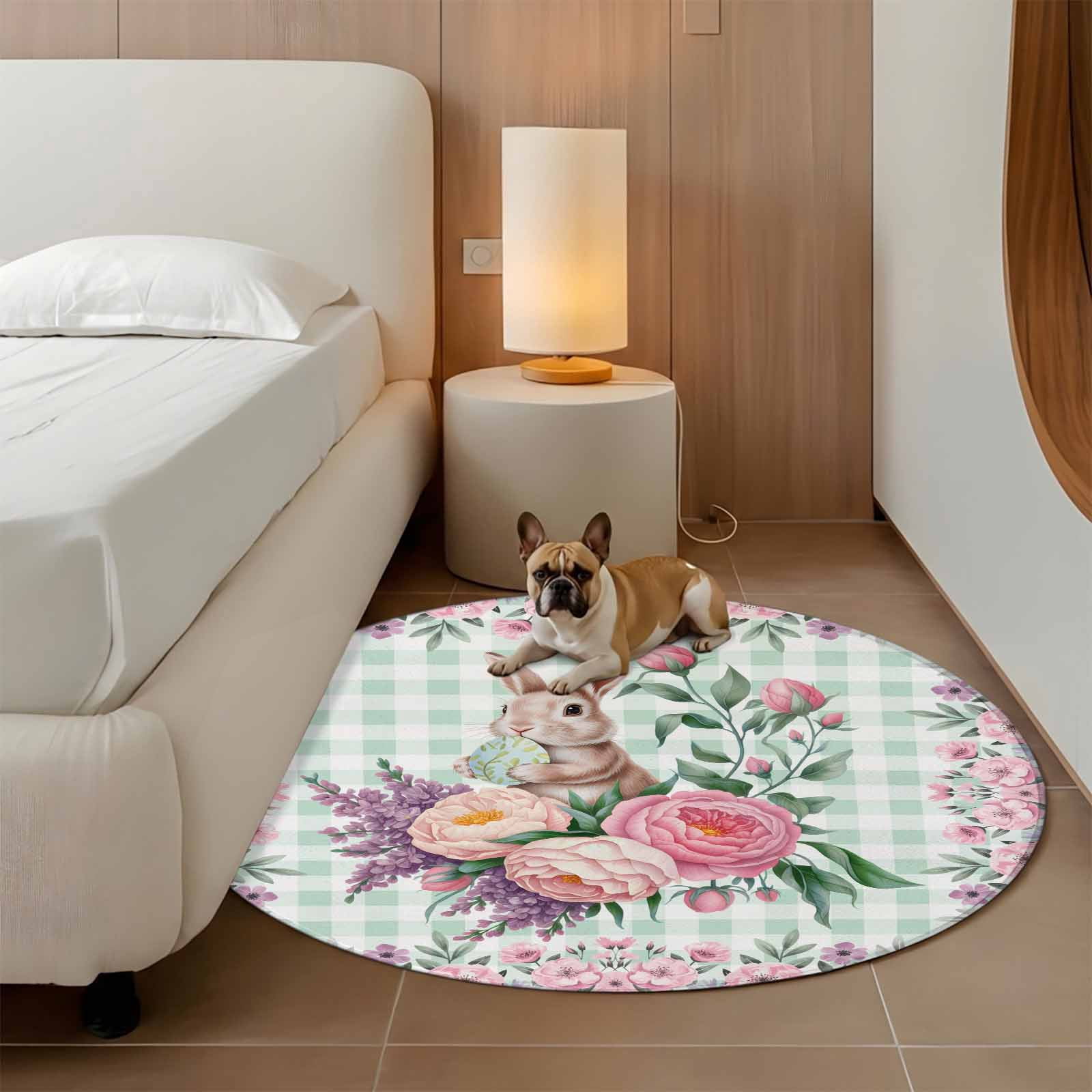 Easter Bunny Roses Round Area Rug 4Ft Washable Circle Rugs for Bedroom Dining Room, Pink Floral Spring Green Buffalo Plaid Non-Slip Carpet Floor Mats Indoor Outdoor Carpet Runner Aesthetic Home Decor
