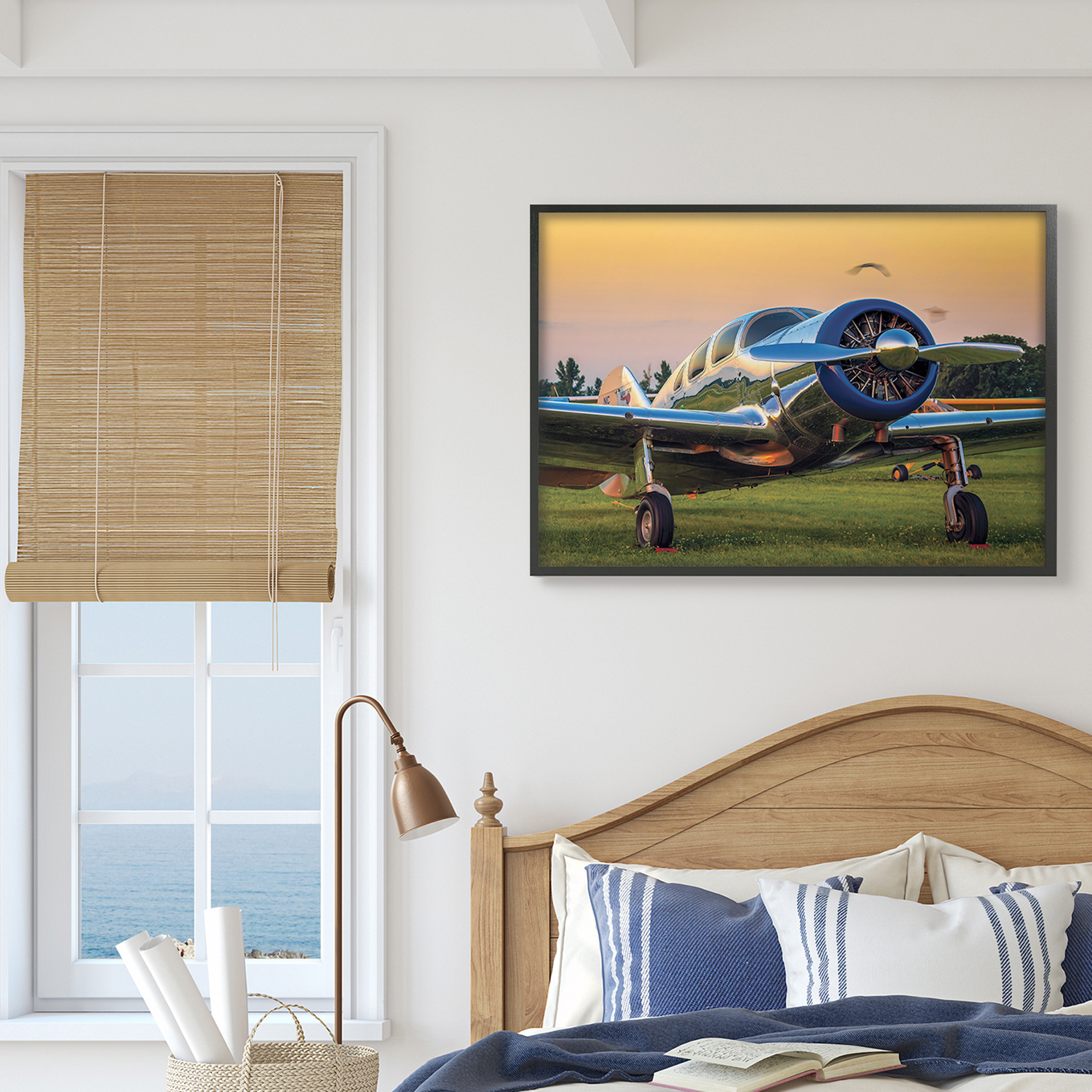 Stupell Industries Jet Plane in Meadow Summer Sunset Reflection,24 x 30,Designed by John Slemp