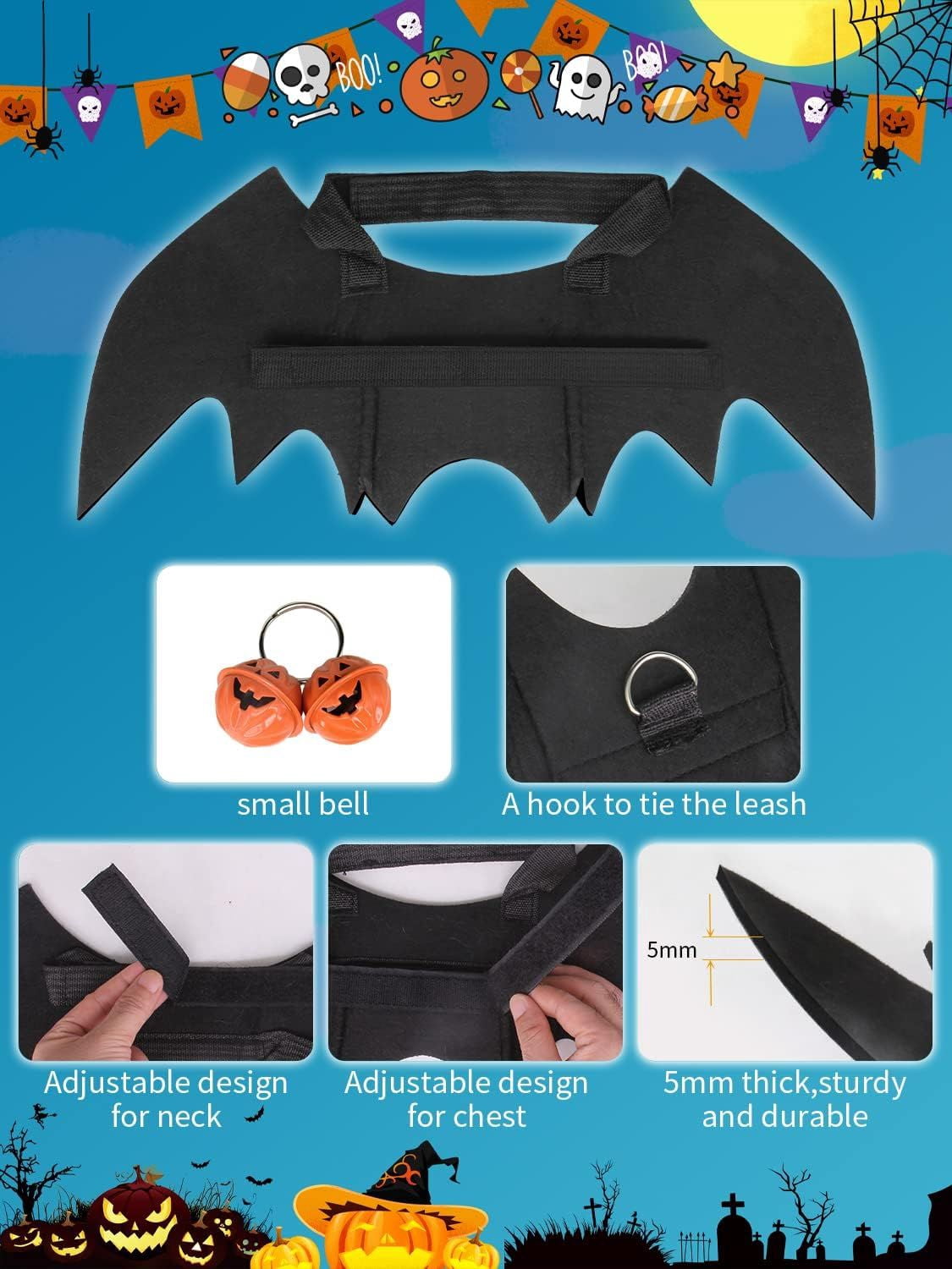 Pet Bat Wing Costume with Adjustable Velcro Straps for Dogs and Cats Halloween Party Cosplay