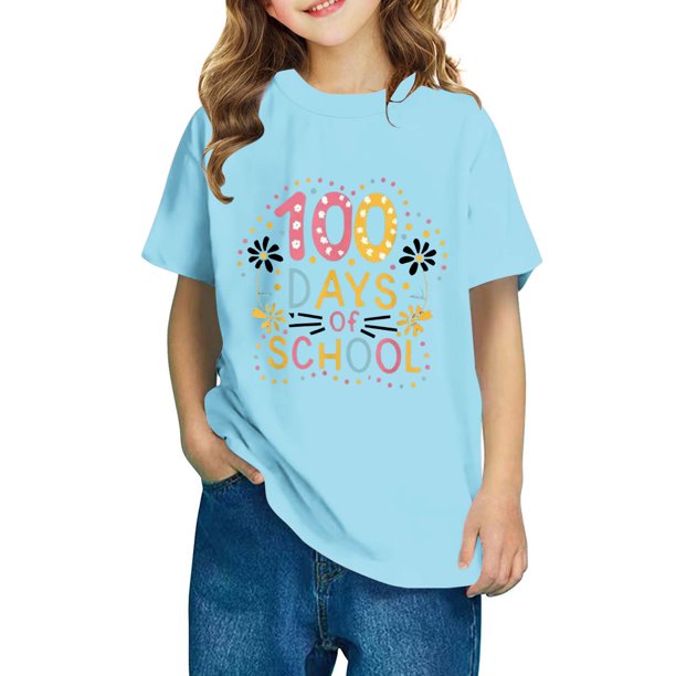 Fiudx Camiseta para Niño, Estampado "100 Días de Colegio", Cuello Redondo y Mangas Abullonadas, Tela Suave y Cómoda, Camisa Informal de Verano, Perfecta para La Escuela, Viajes y Uso Diario.