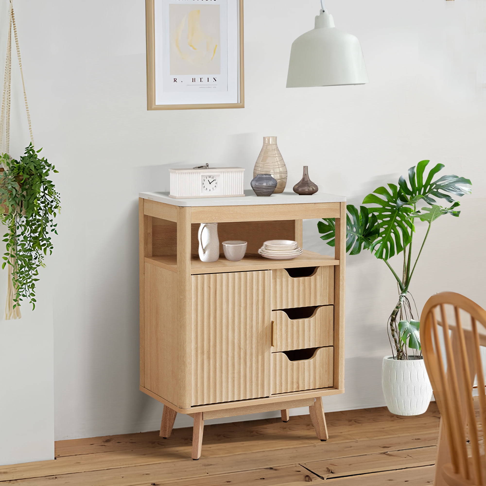 Magic Union Bathroom Storage Cabinet with Fluted Sliding Door, 3 Drawers Bathroom Floor Cabinet, Freestanding Storage Organizer w/Adjustable Shelf, Faux Marble Top, Curved Profile Design Natural Oak