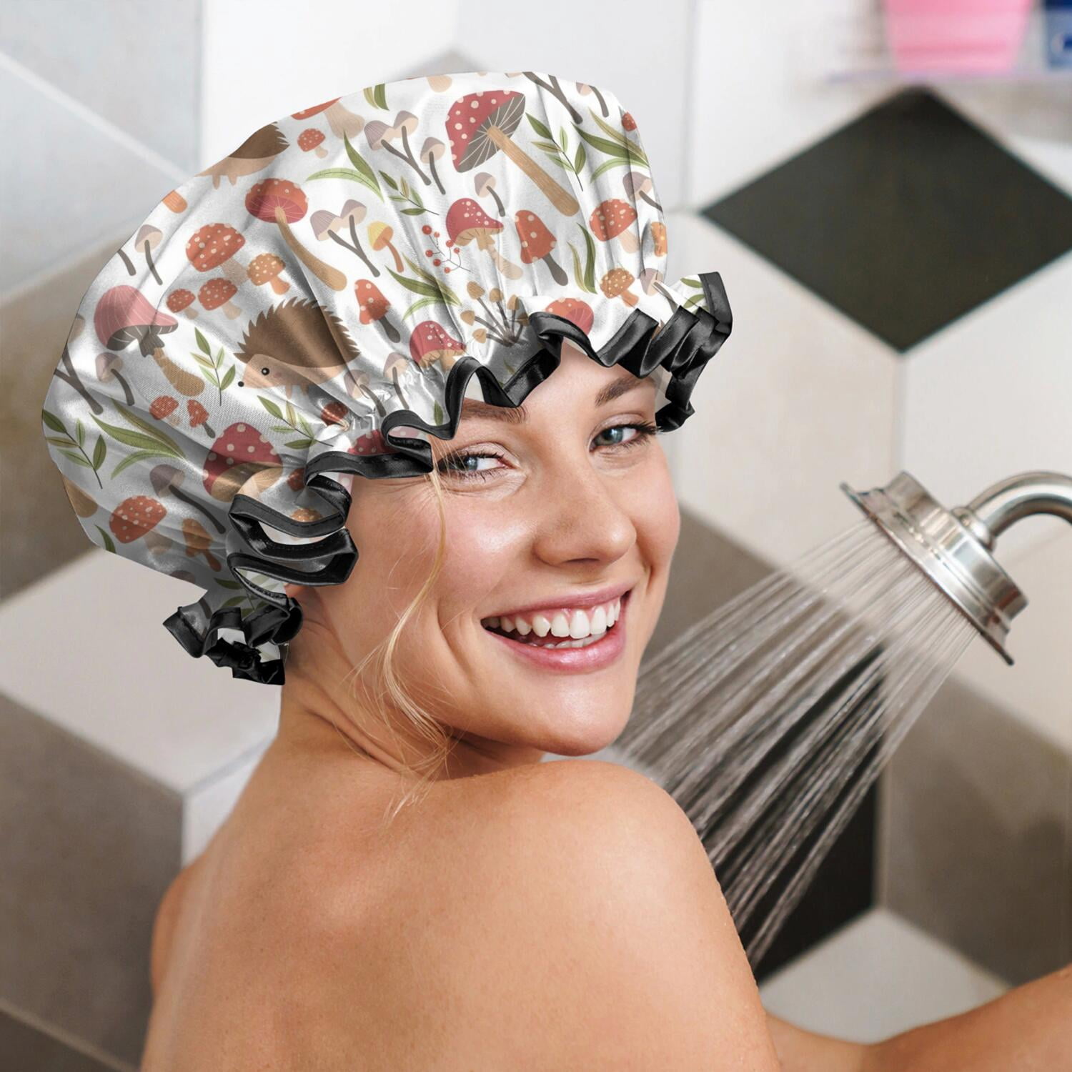 Shower Caps,Cute Hedgehogs and Red Mushrooms Snails Pattern Waterproof Shower Cap for Women 4 Pieces,Double Reusable Hair Cover for Shower PEVA Elastic Stretch Hem