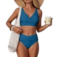thumbnail image 2 of JoveMarine Women's Ruched Two Piece Swimsuit Solid Color Bikini Set Tummy Control Beach Bathing Suit Bathing Suit For Womens Swimsuits Green M, 2 of 7