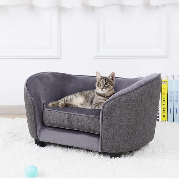 Pet Sofa Bed, Velvet & Linen Fabric Dog Couch with Washable Cushion for Small Dog Cat Gray (Gray)