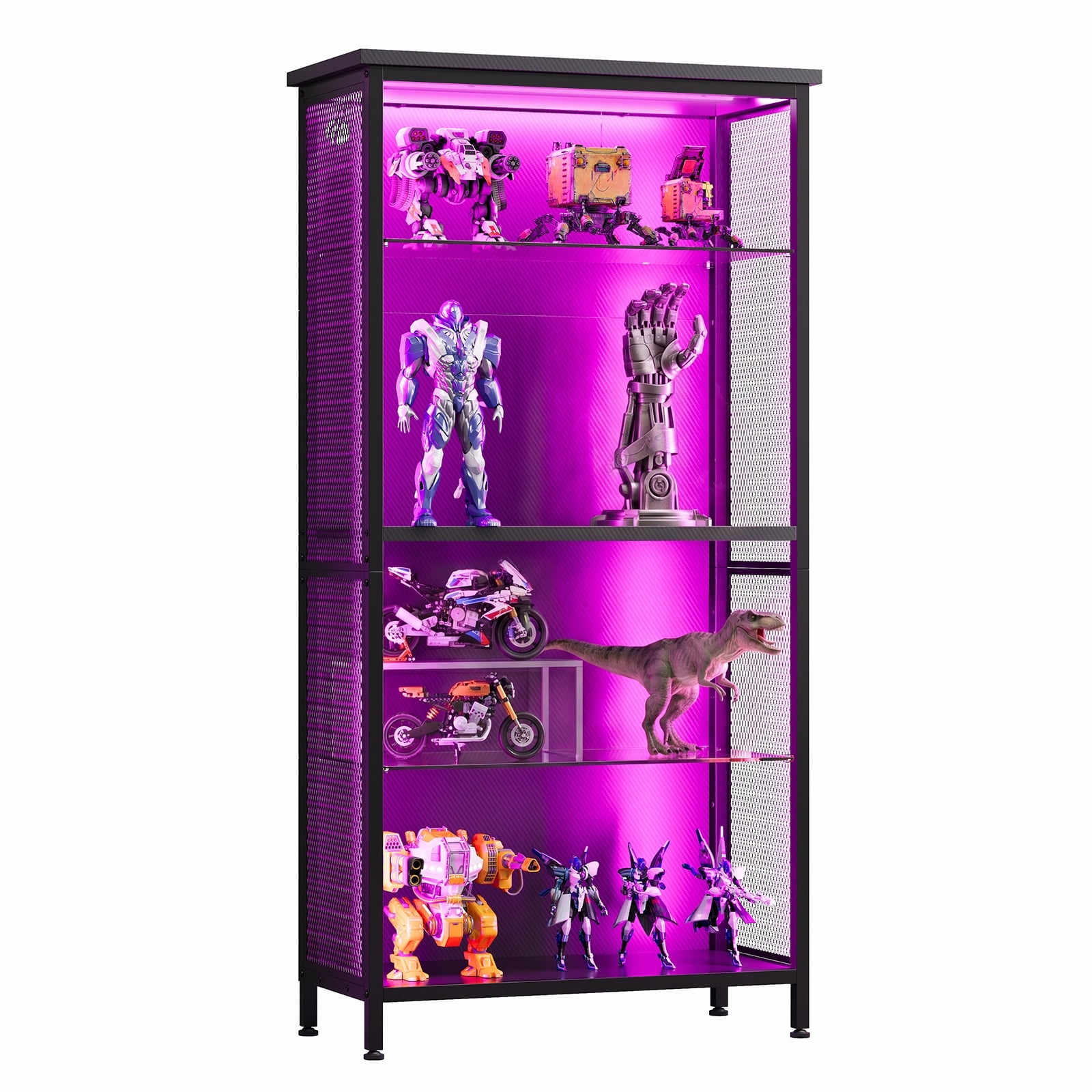Tomnk 4-Tier Display Cabinet, Curio Cabinet with Glass Shelves and Led Light, Storage Cabinet for Gaming Room, Living Room, 11"x 24"x 56", Black