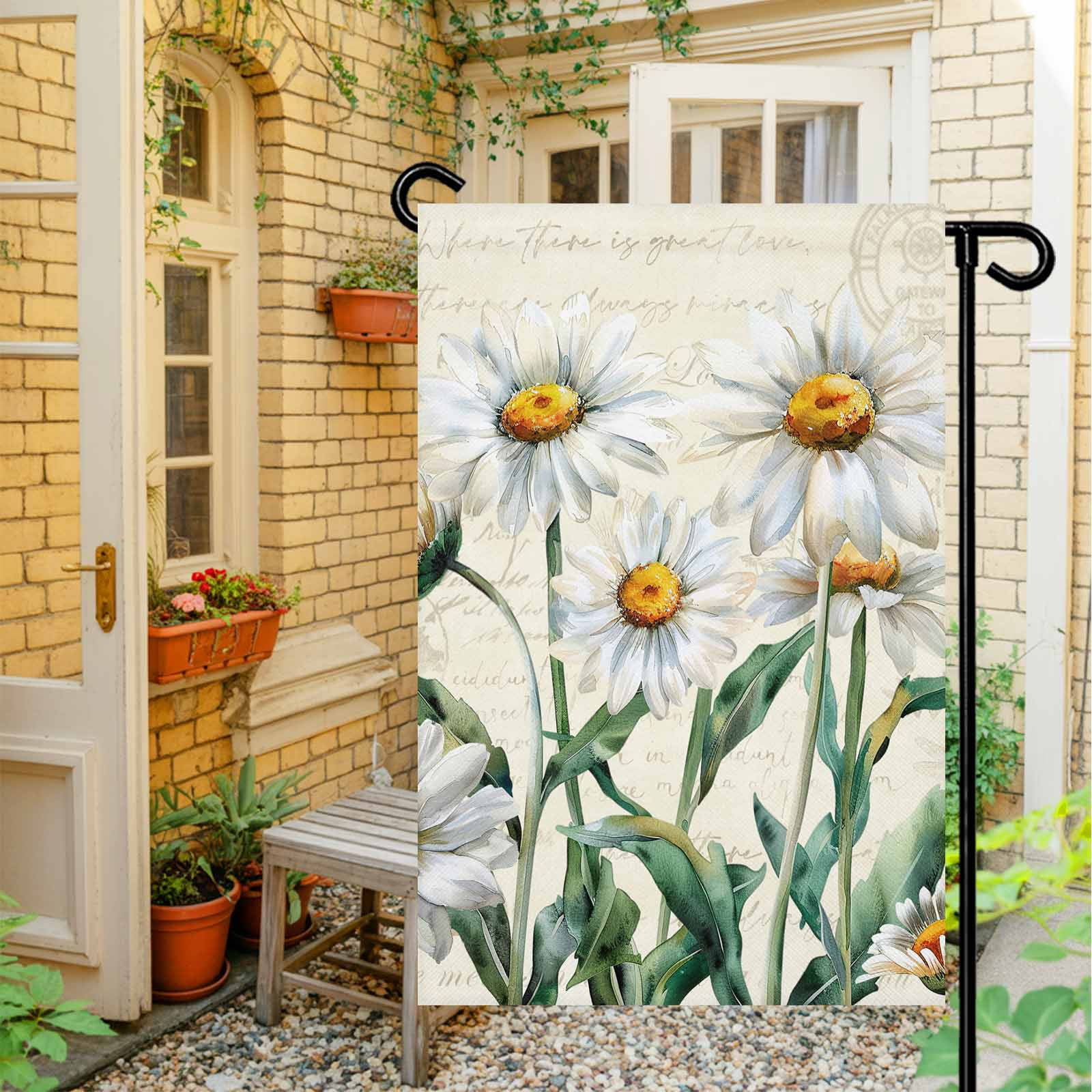 Garden Flag Double-Side Printed House Flag Daisy Floral Yard Flag Farmhouse Vintage Flower Welcome Banner Decor Outdoor Holiday Decorations 28*40in