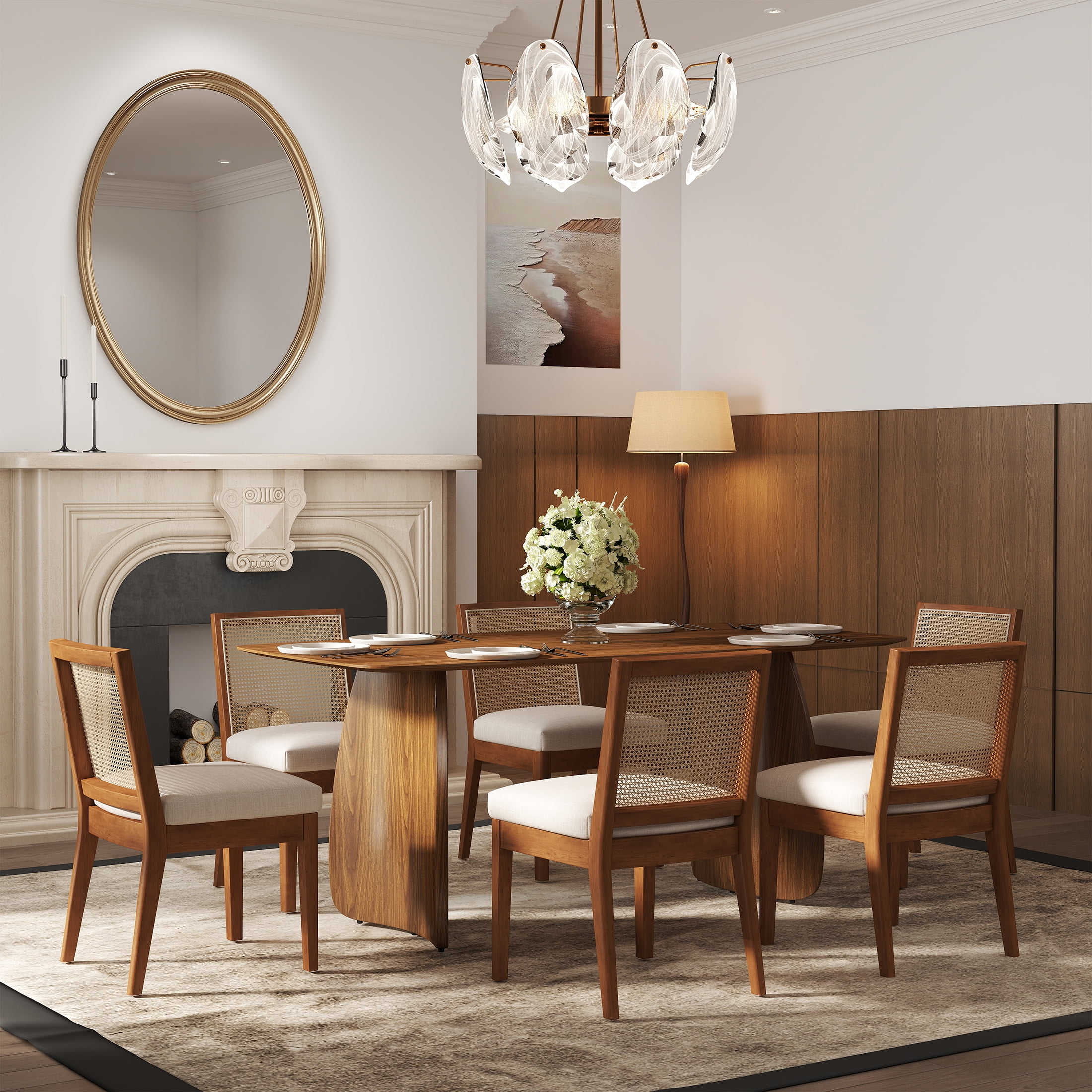 Guyou Farmhouse Rattan Dining Chairs Set of 6, Mid Century Modern Dining Side Chairs with Natural Hardwood Frame, Linen Upholstered French Guyou Kitchen Chairs for Dining Room Bistro, Beige