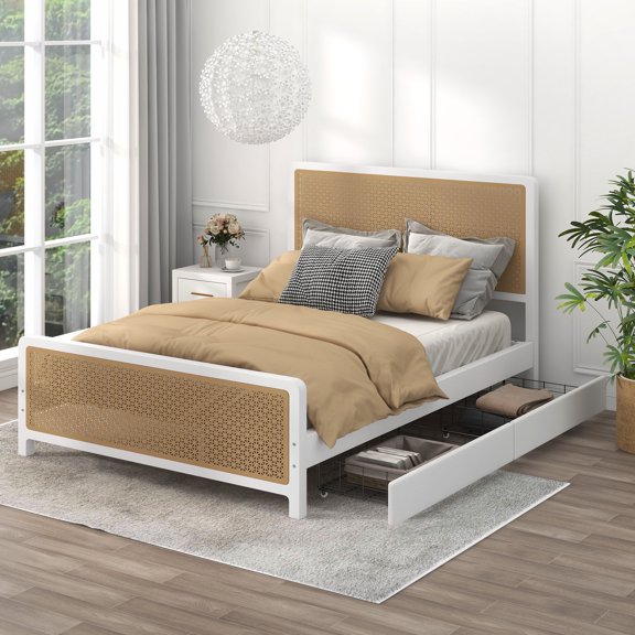 Euroco Metal Full Size Platform Bed with 2 Drawers for Kids Teens, White