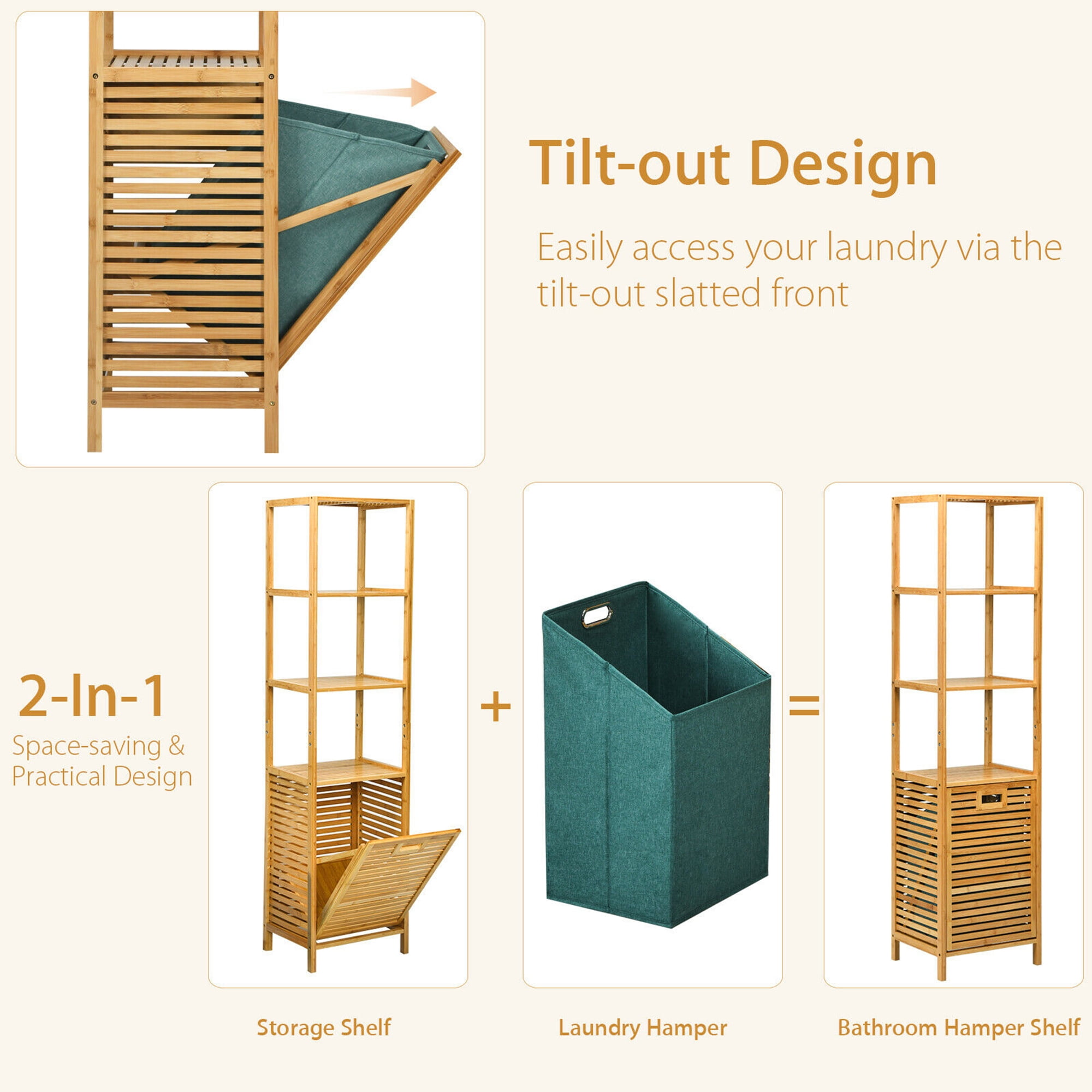 Gymax Bathroom Tilt-out Laundry Hamper Bamboo Tower Hamper w/3-Tier Shelves